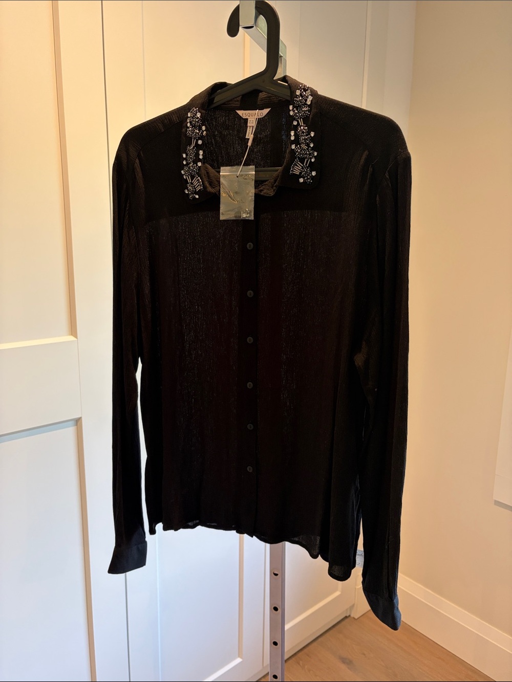 Esqualo Black Top with Subtle Metallic Sheen & Jewelled Collar
